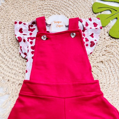 Conj. Blusa Corações e Jardineira - Vermelho e Off White